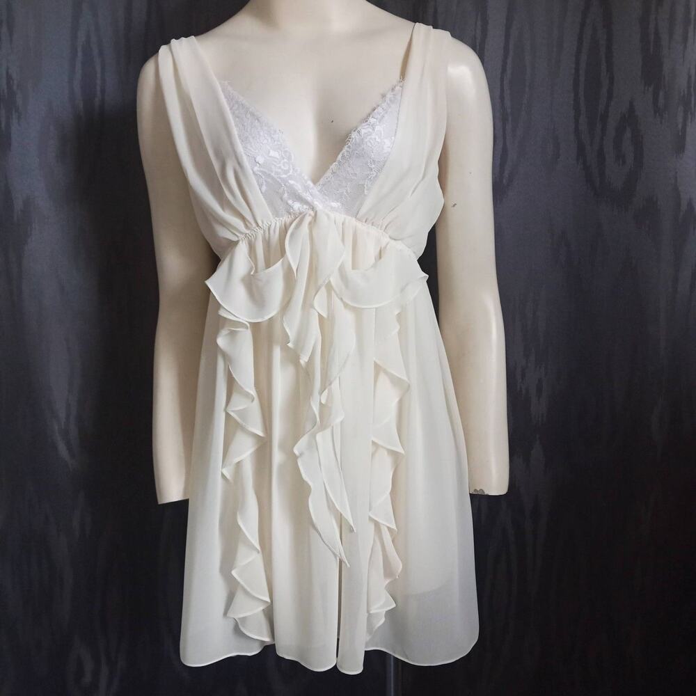 Flora Nikooz Sheer Babydoll Nightie Ruffle Lace SZ Small Chemise Cream Lingerie